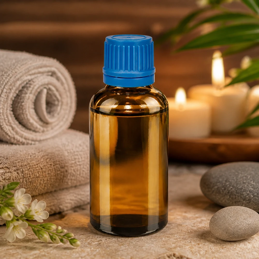 50 ml flaske 11 mm SV blå OV BrownLine UT18/50 50 ml glasflaske af høj kvalitet i brun med blå hætte til aromaterapi og wellness