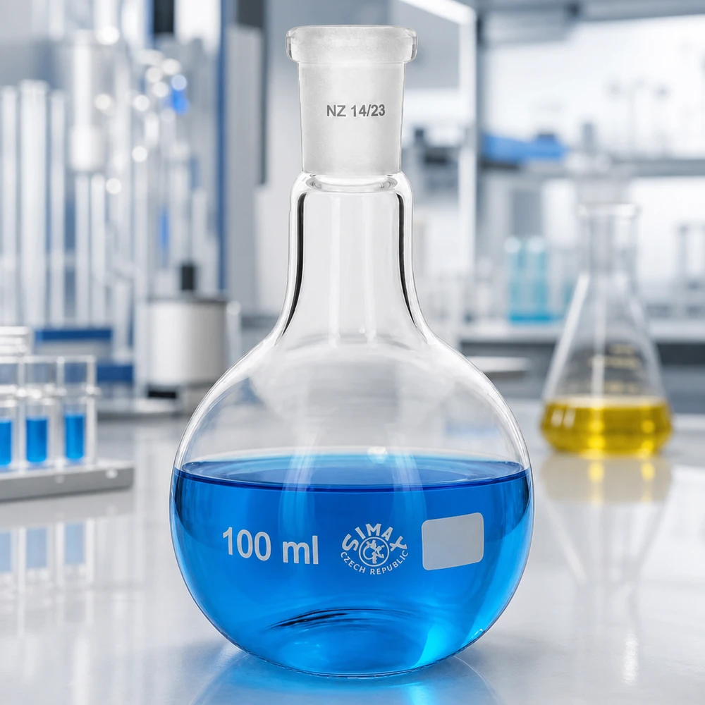 100 ml kolbe med standard slebet led (14/23) Destillationskolbe 100 ml med blå væske og standardiseret jordforbindelse 14/23