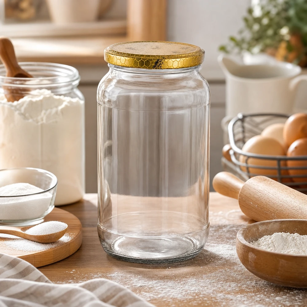 1062 ml rund krukke + BasicSeal-låg honeycomb UNiTWIST 1062ml rund glaskrukke tom i køkkenscene med bageingredienser mel æg kagerulle gyldent honningkagelåg opbevaringskrukke