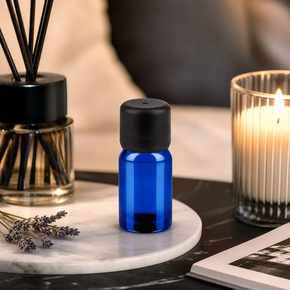 5ml flaske 6mm SV sort STD BlueLine UT18/5 5 ml apotekerflaske af høj kvalitet lavet af koboltglas med UV-beskyttelse og sort hætte