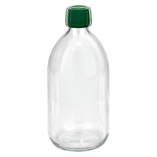500 ml medicinflaske klar, grøn hætte med tyverisikring ApoGlas. Farmaceutisk kvalitet fra EU-produktion. 28 mm (PP28) gevind. (sirup, let glasflaske) 500 ml medicinflaske klar, grøn hætte med tyverisikring ApoGlas. Farmaceutisk kvalitet fra EU-produktion. 28 mm (PP28) gevind. (sirup, let glasflaske)