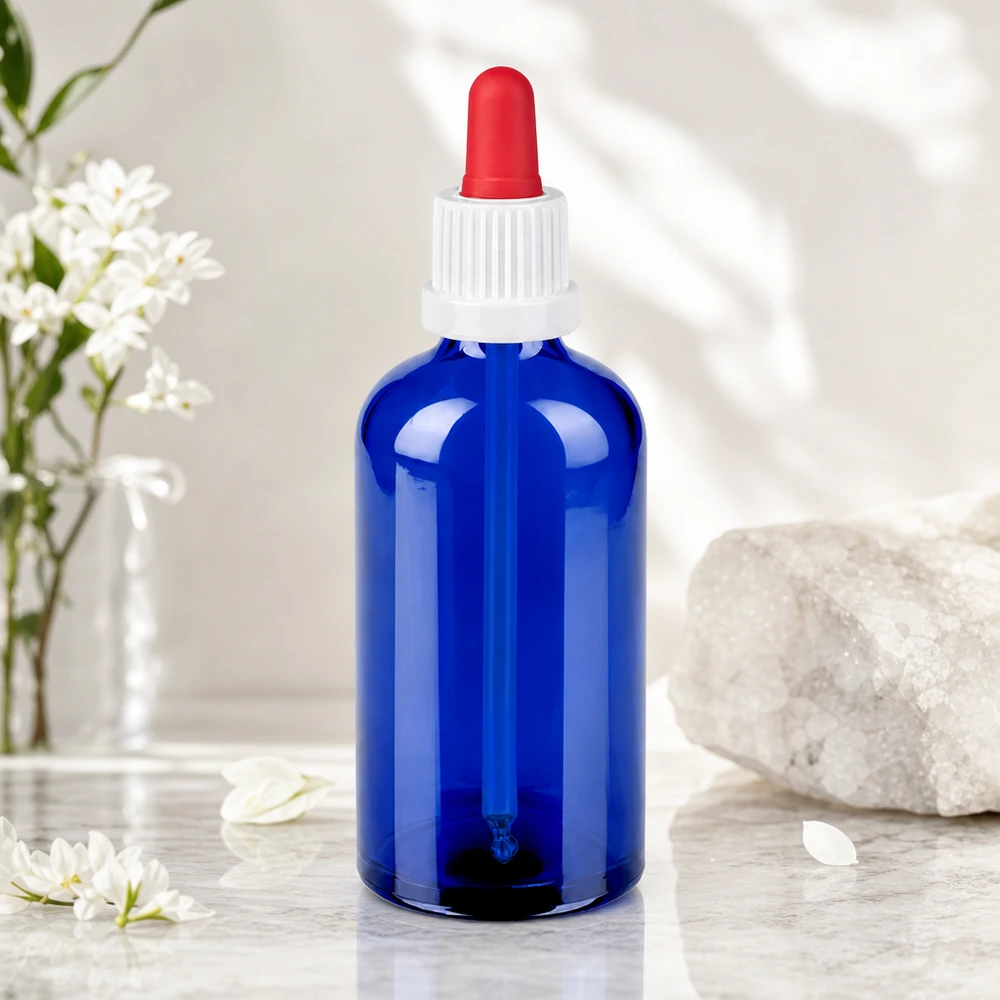 100 ml pipetteflaske hvid/rød OV BlueLine UT18/100 Elegant blå glasflaske 100 ml med hvidt skruelåg og rød pipette til æteriske olier