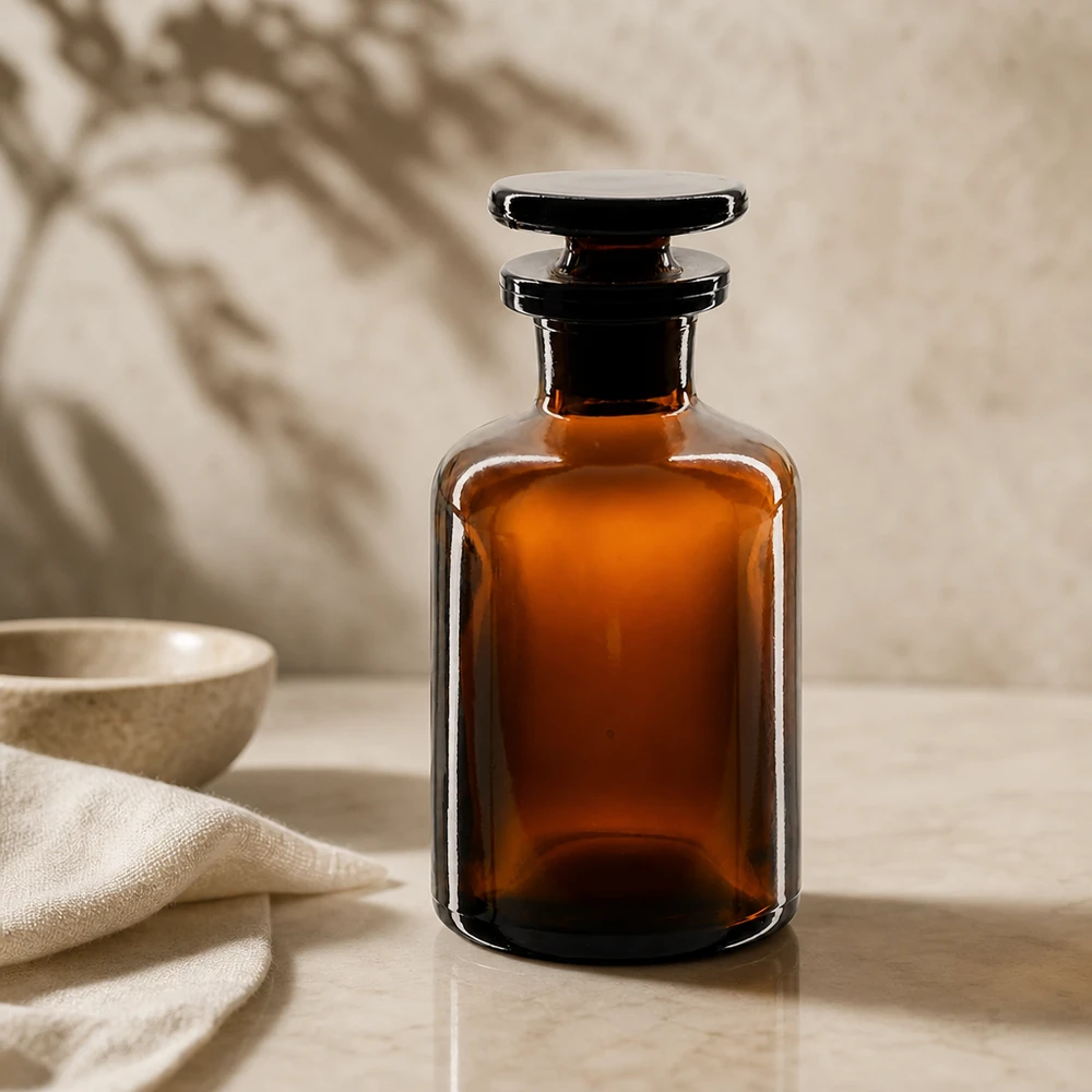 Rund skulderflaske 50 ml brun glasprop med smal hals Ravfarvet glasflaske på 50 ml med flad prop til æteriske olier og aromaterapi