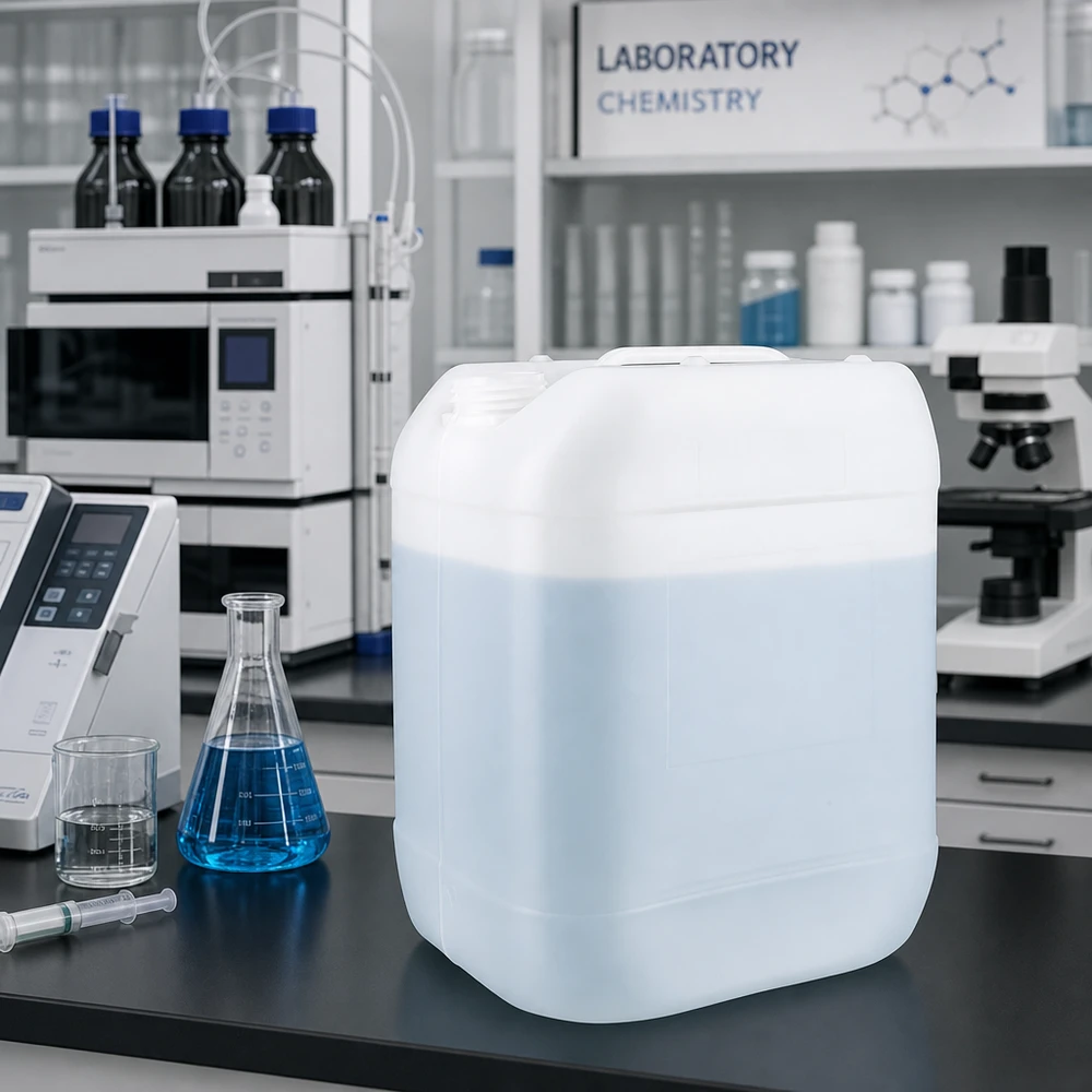 Tom 20-liters HDPE-kanister uden låg, gennemskinnelig, på laboratoriebordet sammen med en Erlenmeyer-kolbe