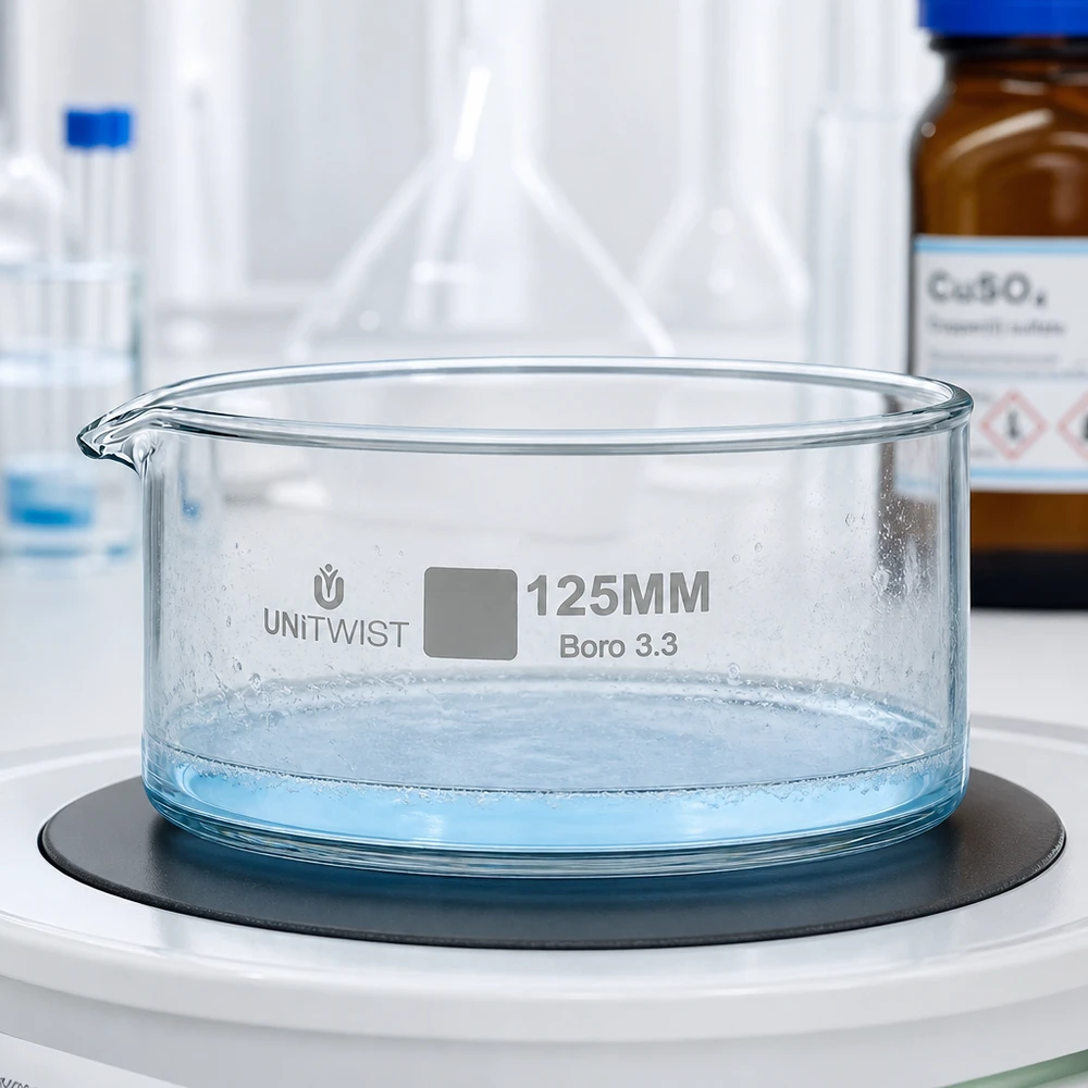 Krystalliseringsskål ø125mm borosilikatglas UNiTWIST 125 mm UNiTWIST-krystallisationsskål på en laboratorievægt med en lyseblå opløsning og synlige luftbobler