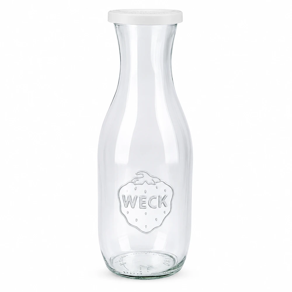 1062 ml saftflaske med friskhedslåg WECK RR60 WECK juiceflaske 1062 ml af glas med hvidt friskhedslåg og WECK-logo til juice og drikkevarer