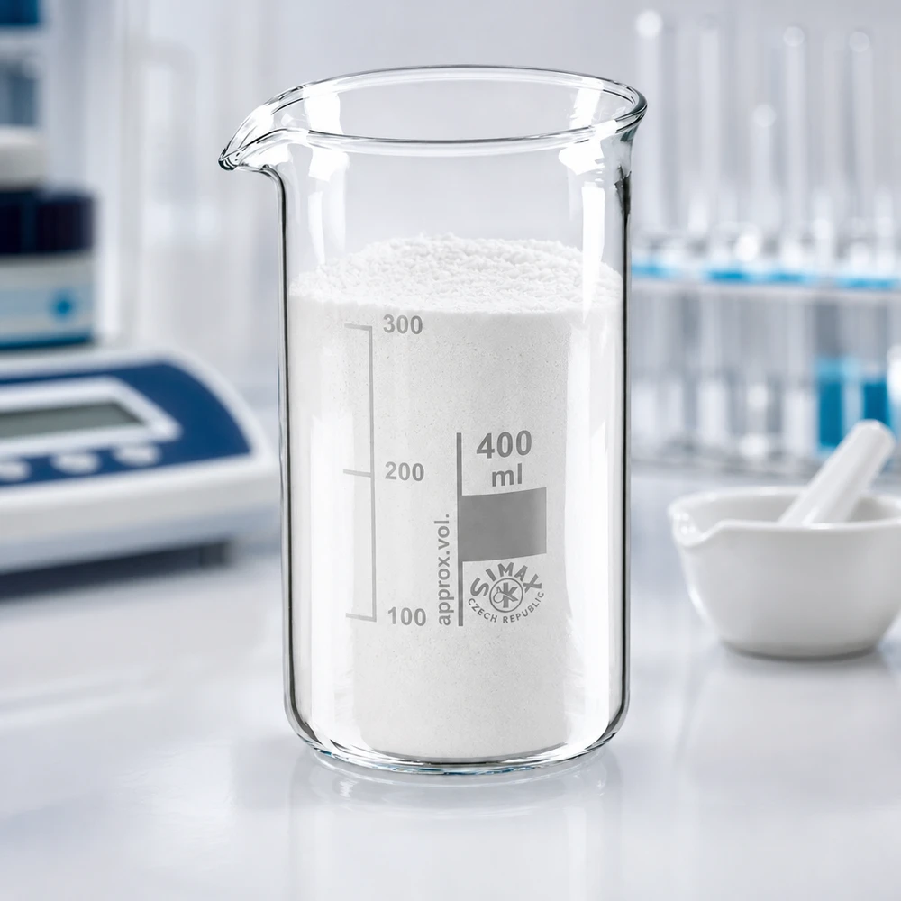 Bægerglas 400 ml borosilikatglas, høj form Et 400 ml begerglas med høj form, fyldt med hvidt pulver, i laboratoriet ved siden af en morter og en pistil