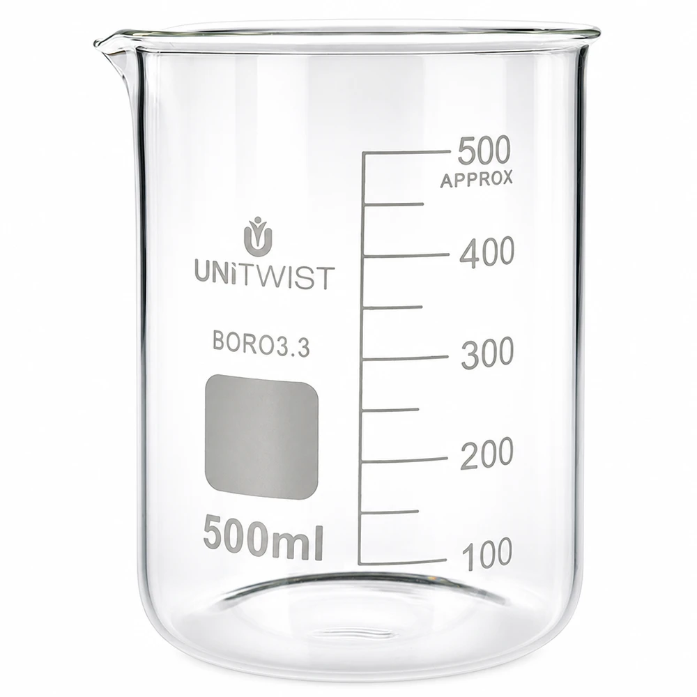 Bæger 500 ml borosilikat, lav form UNiTWIST 500 ml bægerglas af borosilikatglas i lav form fra UNiTWIST med milliliterskala