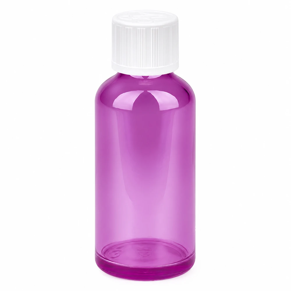 50 ml flaske 11 mm skruelåg hvid standard børnesikret PurpleLine UT18/50 50 ml glasflaske i lilla med hvidt skruelåg til kosmetik og lægemidler
