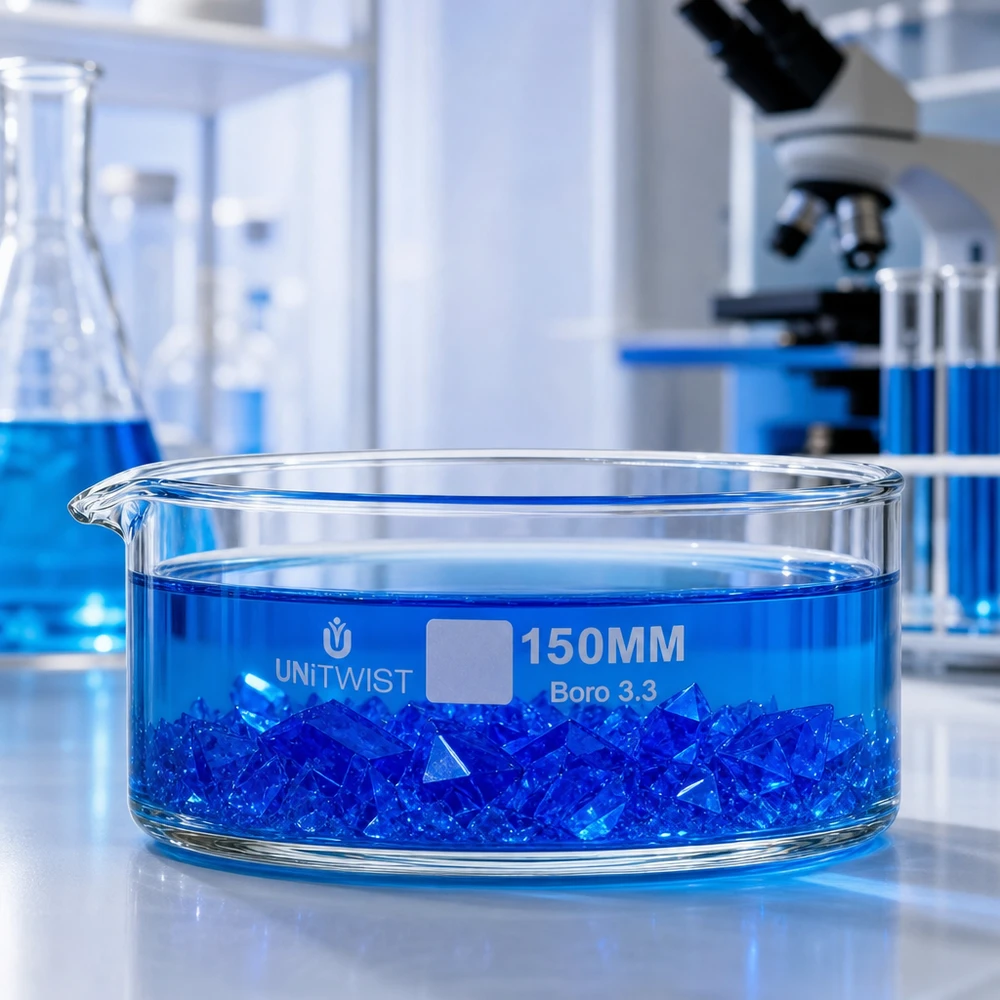 Krystalliseringsskål ø150mm borosilikatglas UNiTWIST Krystalliseringsskål UNiTWIST 150 mm med blå krystaller i opløsning – laboratorieeksperiment