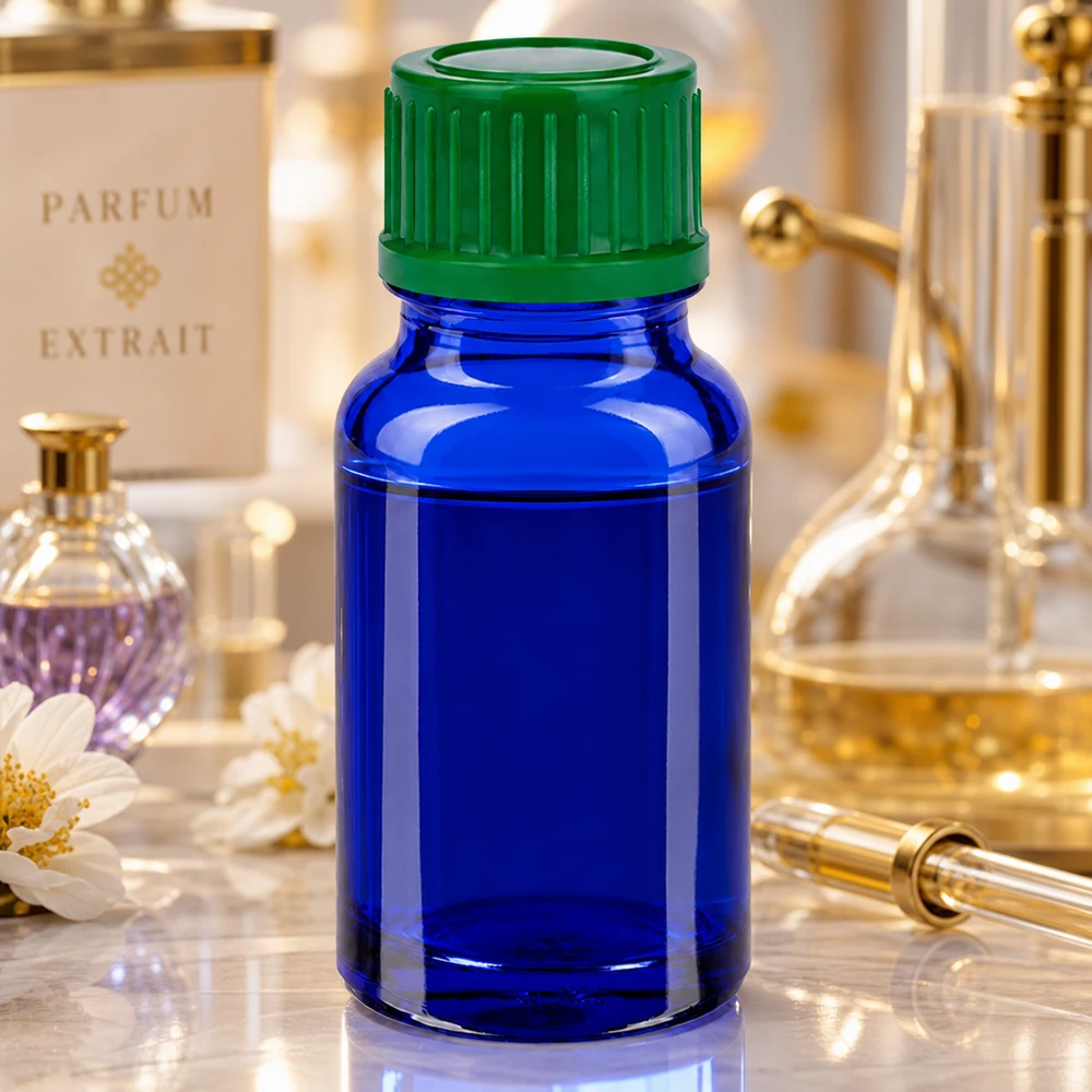 10 ml flaske 11 mm SV grøn STD BlueLine UT18/10 10 ml koboltblå glasflaske med grøn hætte STD BlueLine UT18/10 til parfume og ekstrakter