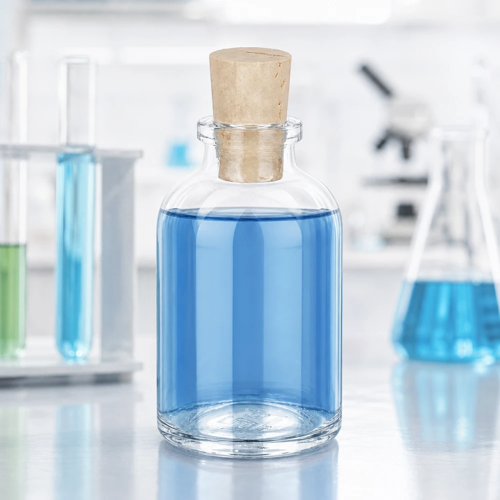 Flaske i klart glas 50 ml med kork 11/14 mm Bauchige Vorratsflasche aus Klarglas 50ml mit konischem Naturkorken Laborausstattung