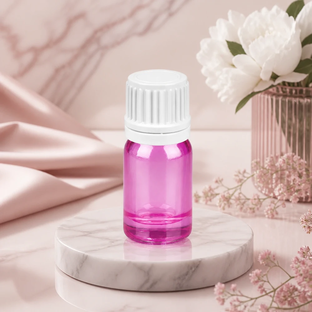 5 ml dråbeflaske 0,7 mm hvid Originality skruelåg PurpleLine UT18/5 5 ml dråbeflaske med hvidt skruelåg og violet glas til aromaterapi.