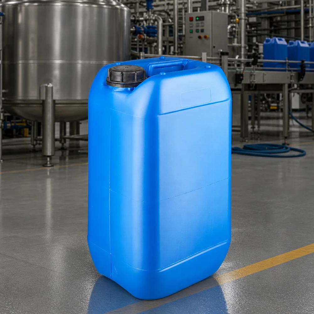 15 liters blå dunk med skruelåg OV Stabelbar industrikanister på 15 liter, blå, med skruelåg i en moderne produktionsvirksomhed