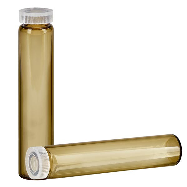 Glas med rullekant, essensrør i ravfarvet glas 2 ml Glas med rullekant, essensrør i ravfarvet glas 2 ml
