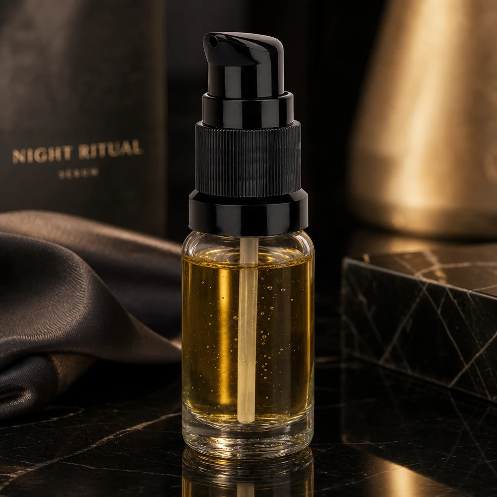 10 ml pumpeflaske sort STD ClearLine UT18/10 Gennemsigtig 10 ml pumpeflaske med sort låg, fyldt med gyldent natteserum