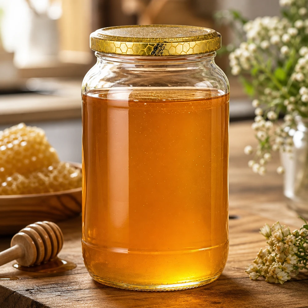 1062 ml rund krukke + BasicSeal-låg honeycomb UNiTWIST 1062ml Rundglas mit goldenem Bienenwabe-Deckel gefüllt mit Honig neben Waben und Honiglöffel natürliche Küchendeko