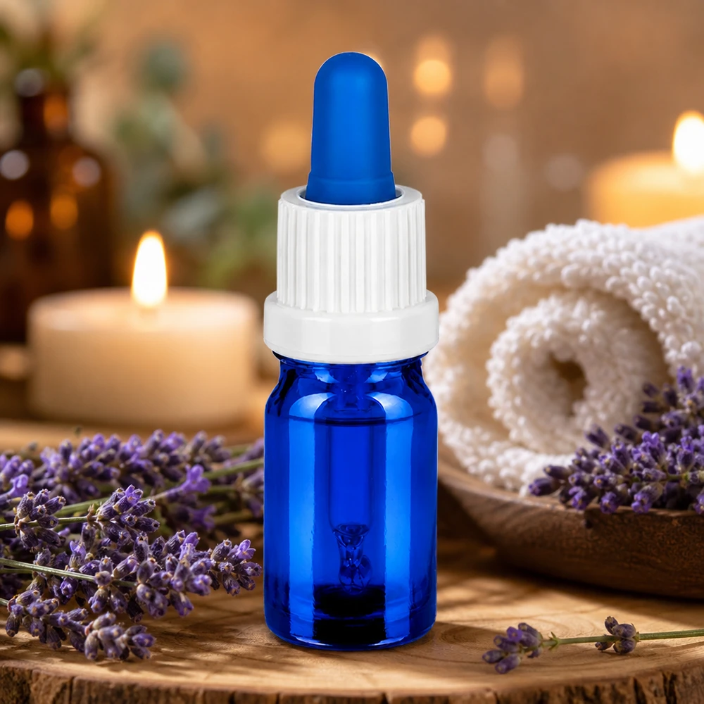 5 ml pipetteflaske hvid/blå OV BlueLine UT18/5 Professionel 5 ml BlueLine-pipetteflaske med hvid UT18-hætte til aromaterapi og kosmetik