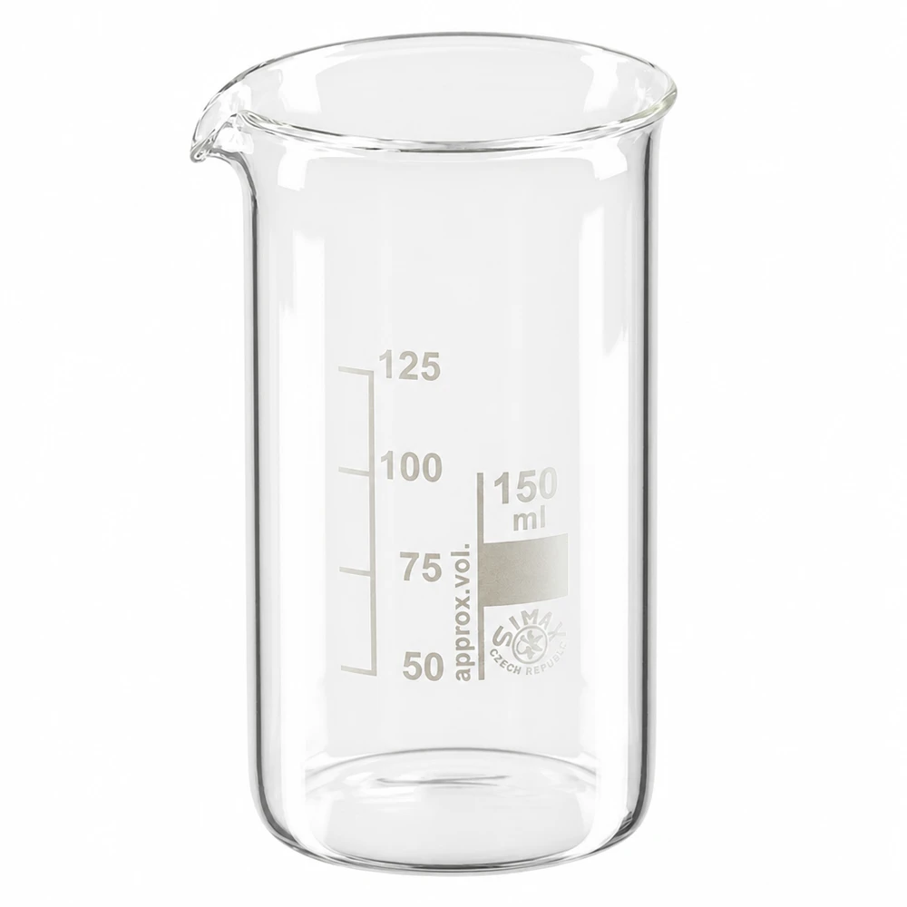 Bægerglas 150 ml borosilikatglas, høj form Becherglas på 150 ml, høj model, af borosilikatglas med milliliterskala og hældetud