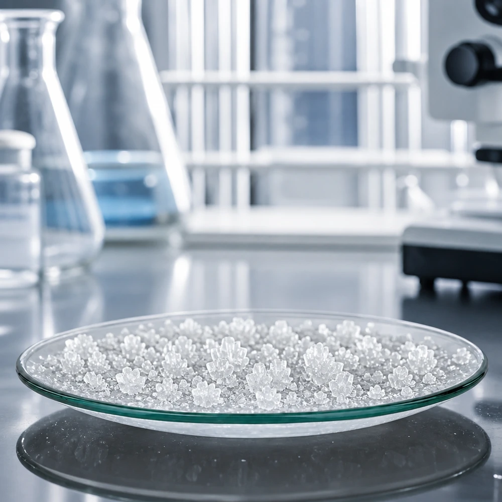 Urglasskål Ø 100 mm Rund urglasskål 100 mm med hvide krystaller på en sort overflade i laboratoriet