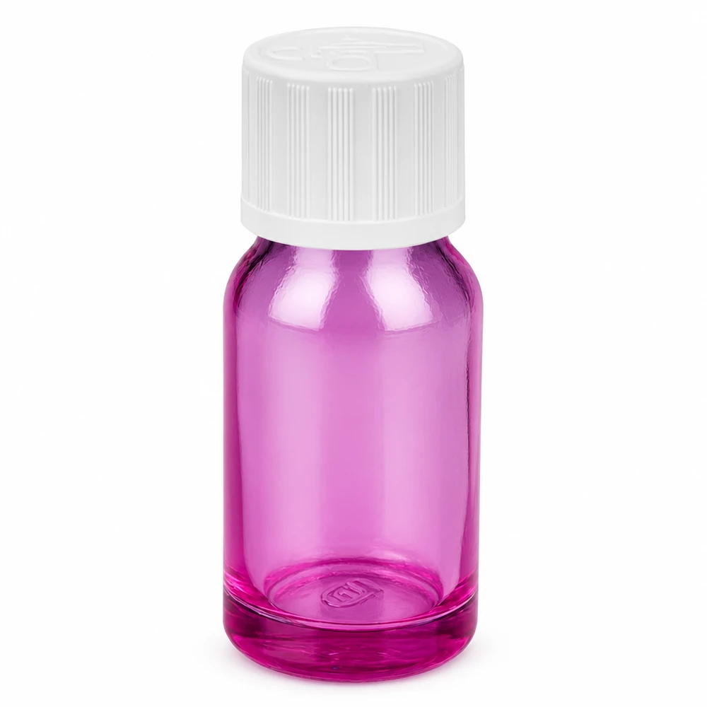 10 ml flaske 11 mm skruelåg hvid standard børnesikret PurpleLine UT18/10 10 ml glasflaske i violet med hvidt skruelåg til æteriske olier og kosmetik