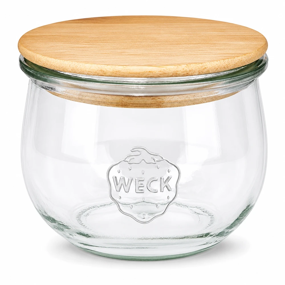 580 ml tulipankrukke WECK RR100 med trælåg WECK tulipankrukke 580 ml RR100 med naturligt trælåg - opbevaringskrukke i klart glas med WECK-logo