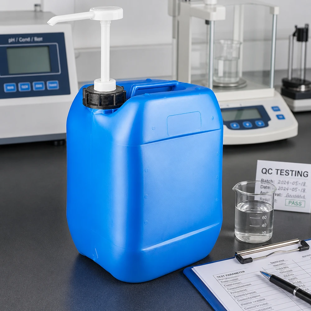 Blå 10-liters dunk med doseringspumpe i laboratoriet ved siden af pH-måleren og analysevægten