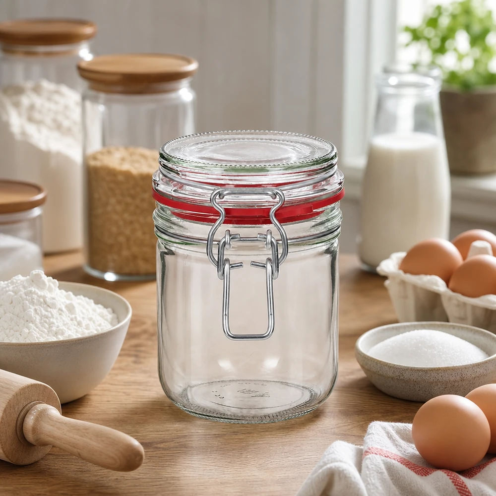 400 ml opbevaringsglas, type G, med bøjlelåg UN.. Robust 400 ml opbevaringskrukke i klart glas med svingtop til moderne køkkenorganisation