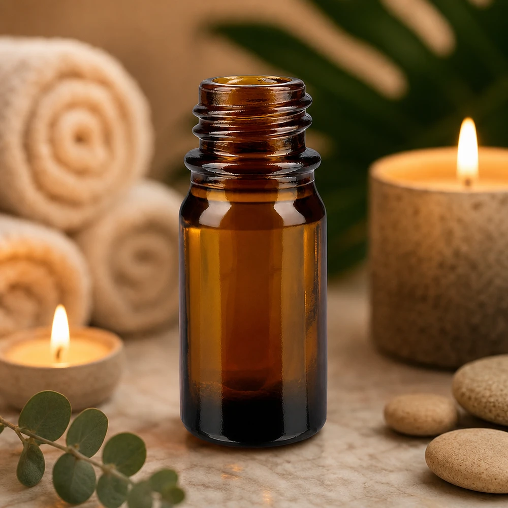 Dropperflaske 5 ml DIN 18 lavet af ravfarvet glas 5 ml brun apotekerflaske ApoGlas med eukalyptussten og brændende stearinlys til afslappende aromaterapi