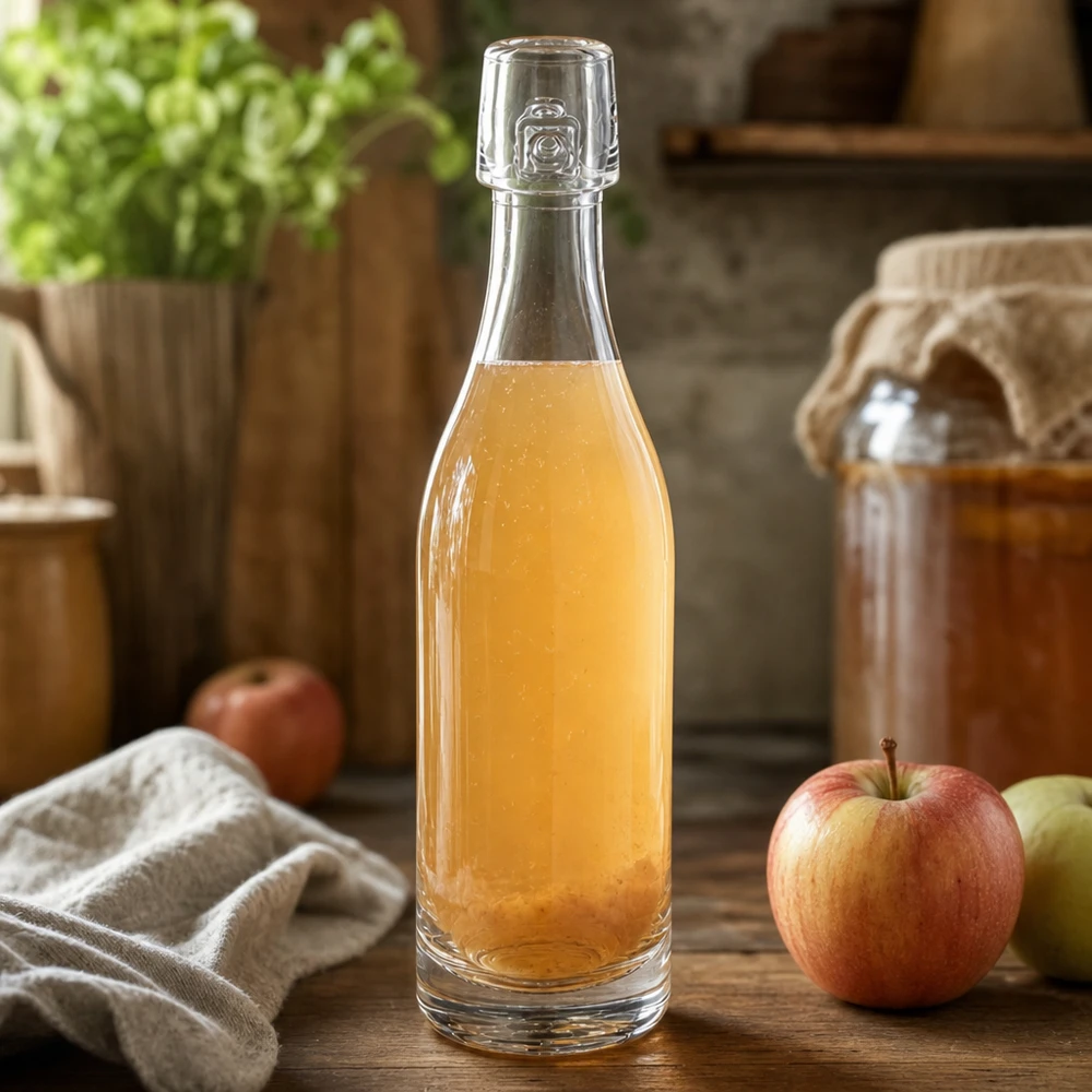 50 ml glasflaske uden skruelåg UNiTWIST 50 ml glasflaske UNiTWIST fyldt med æblejuice ved siden af friske æbler rustik køkkenscene træbaggrund