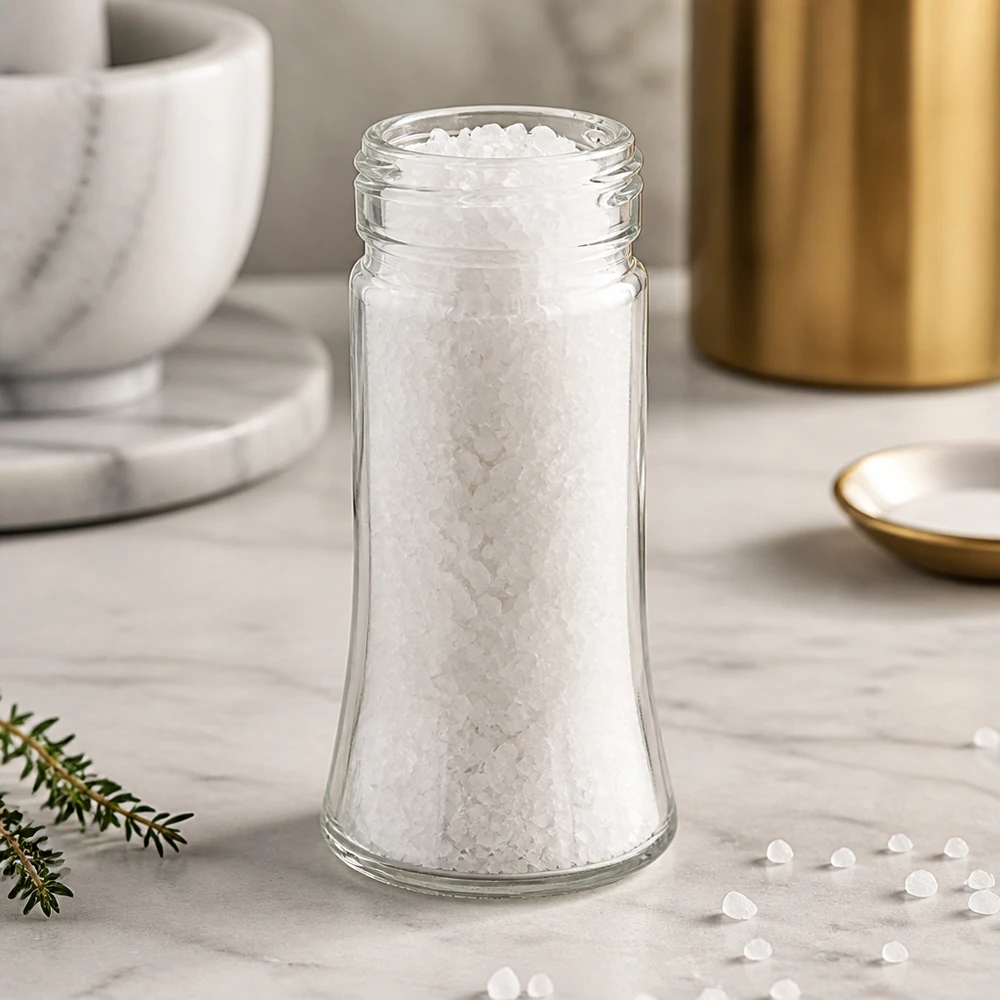 Salt/krydderikrukke Bobby 95 ml, gevind 41 mm klart glas - matchende låg med 41 mm gevind kan bestilles separat. Bobby-saltglas på 95 ml fyldt med groft havsalt på en hvid marmoroverflade