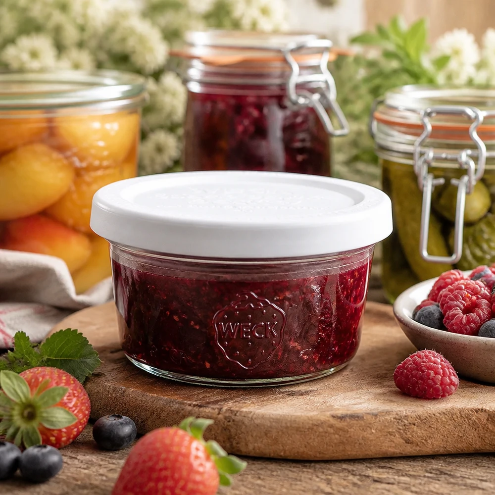 50 ml Briller med friskhedslåg WECK RR60 WECK 50 ml glas RR60 fyldt med marmelade på en træplade omgivet af friske bær og syltetøjsglas