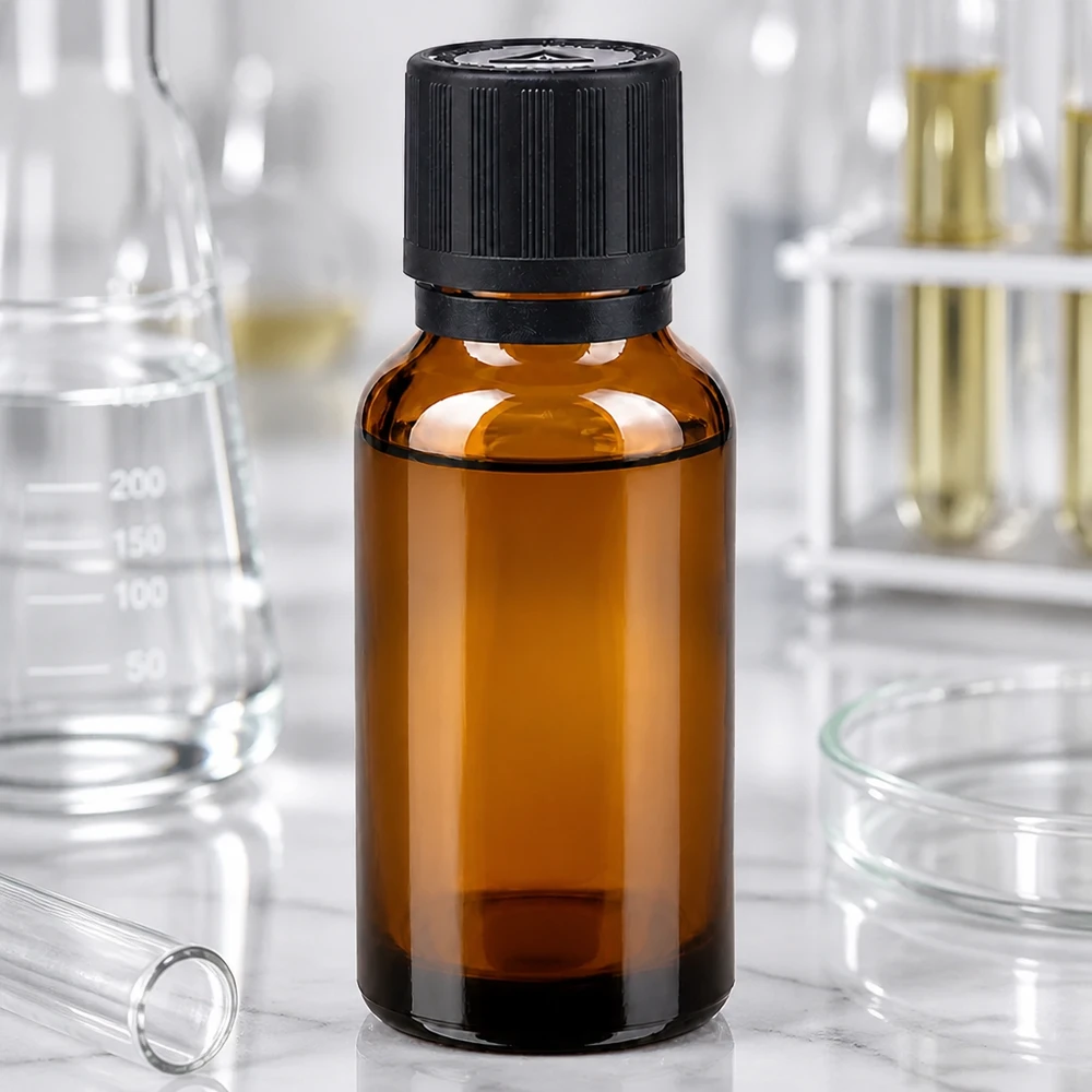 Apotfl. brun 20ml dryp v. Pr. 1mm s. KiSi Bliw OV 20 ml dråbeflaske af brunt glas med sort skruelåg og laboratorieglas i baggrunden