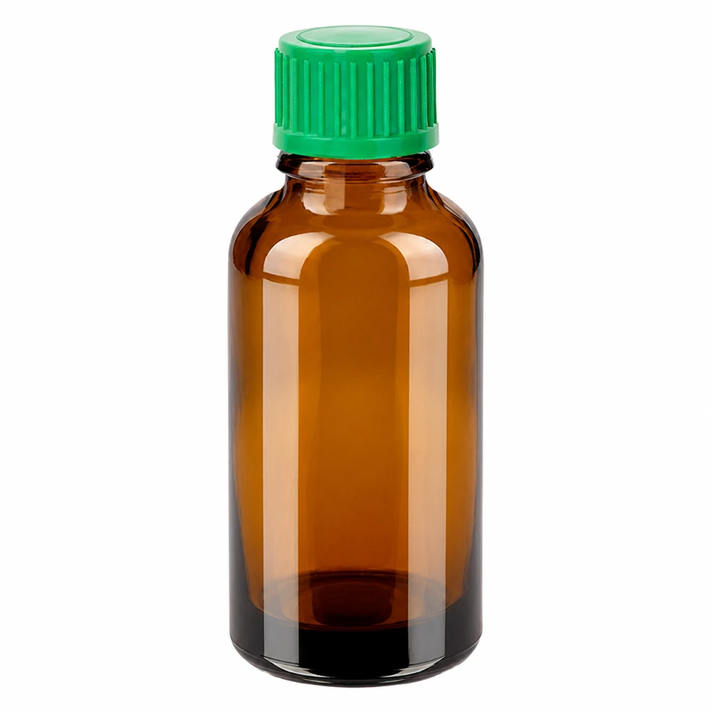30 ml Dropperflaske 0,8 mm grøn STD BrownLine UT18/30 30 ml dråbeflaske af ravfarvet glas med grøn hætte til præcis dosering