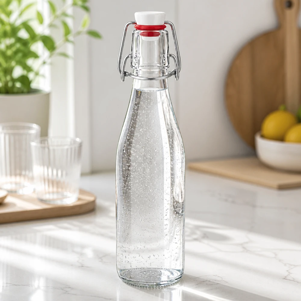 250 ml glasflaske og hængelåg i PVC UNiTWIST 250 ml glasflaske med svingtop fyldt med mineralvand, moderne køkkenbordplade i marmor med glas