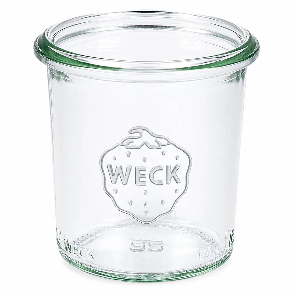 140 ml Briller WECK RR60 140 ml WECK RR60 murerbalje af klart glas med WECK-logo og grøn forseglingsring til konservering