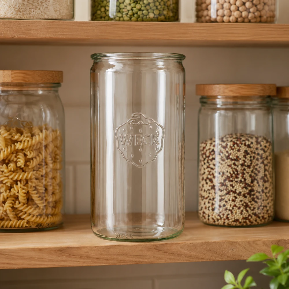 WECK 1590 ml cylinderglas RR100 tomt i køkkenet mellem fyldte opbevaringsglas med pasta og korn på træhylde