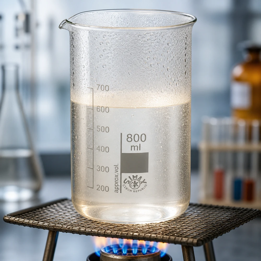 Bægerglas 800 ml borosilikatglas, høj form Et 800 ml begerglas med høj form, opvarmet på en bunsenbrænder med en klar væske, indtil væsken når et niveau på 650 ml