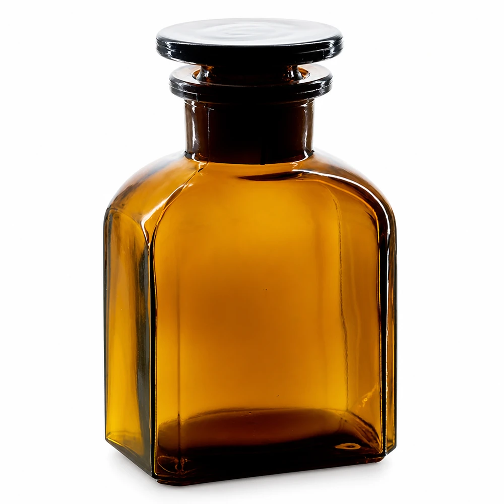 Firkantet flaske 150 ml brun glasprop med bred hals Brun firkantet flaske på 150 ml med glasprop, fremstillet af højkvalitets bredhalset glas til laboratorier og apoteker