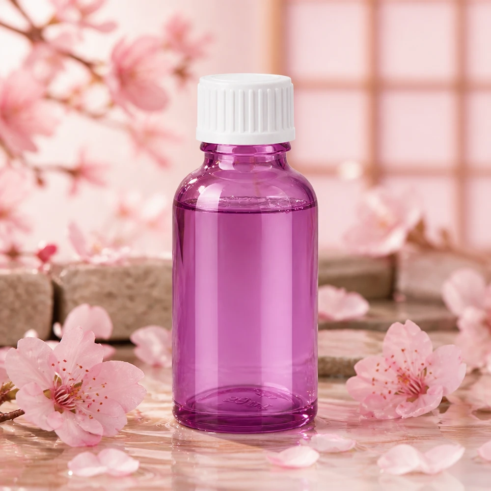 30 ml (kugle) flaske. 3 mm hældering hvid Standard PurpleLine. UT18/30 30 ml glasflaske lilla transparent med hvid hætte til parfume og essenser