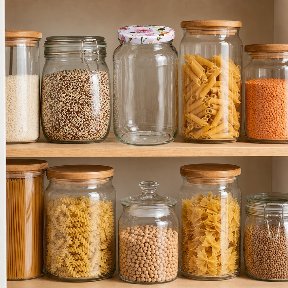 1062 ml rund krukke + BasicSeal låg, lyserød UNiTWIST Organiseret opbevaring i køkkenet med 1062 ml runde krukker til pasta, bælgfrugter og morgenmadsprodukter med pink blomsterlåg BasicSeal-opbevaring