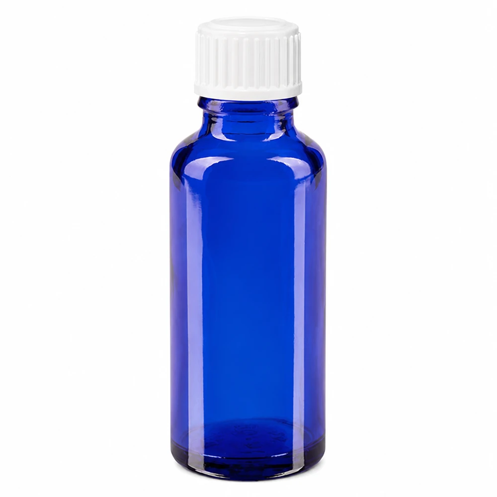 30 ml blå apotekerflaske af glas med hvidt dråbehoved (3 mm) til farmaceutiske og kosmetiske produkter