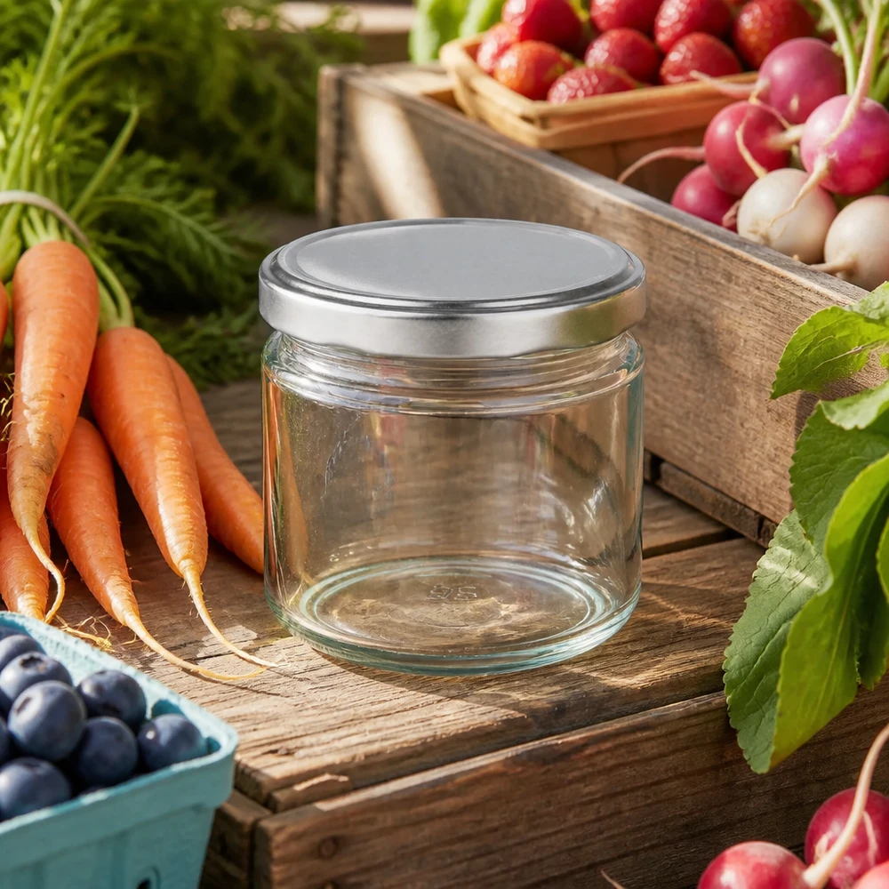 330 ml rund krukke med BasicSeal-låg sølv UNiTWIST 330ml Rundglas mit BasicSeal Deckel inmitten frischem Gemüse auf Holztisch Marmeladenglas für Einkochen und Konservieren