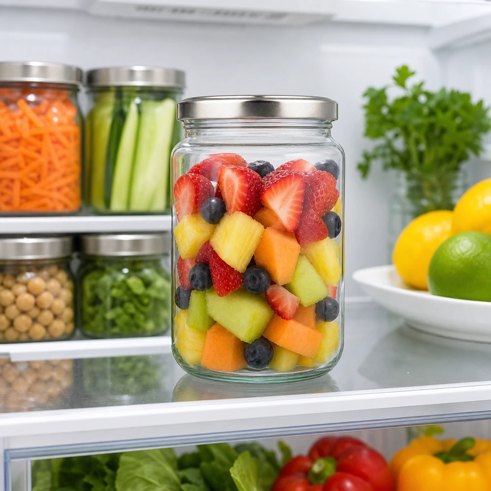 382 ml rund krukke med BasicSeal-låg sølv UNiTWIST 382 ml rund krukke med sølvlåg fyldt med frugtsalat i køleskabet Food Prep Meal Prep opbevaringskrukke