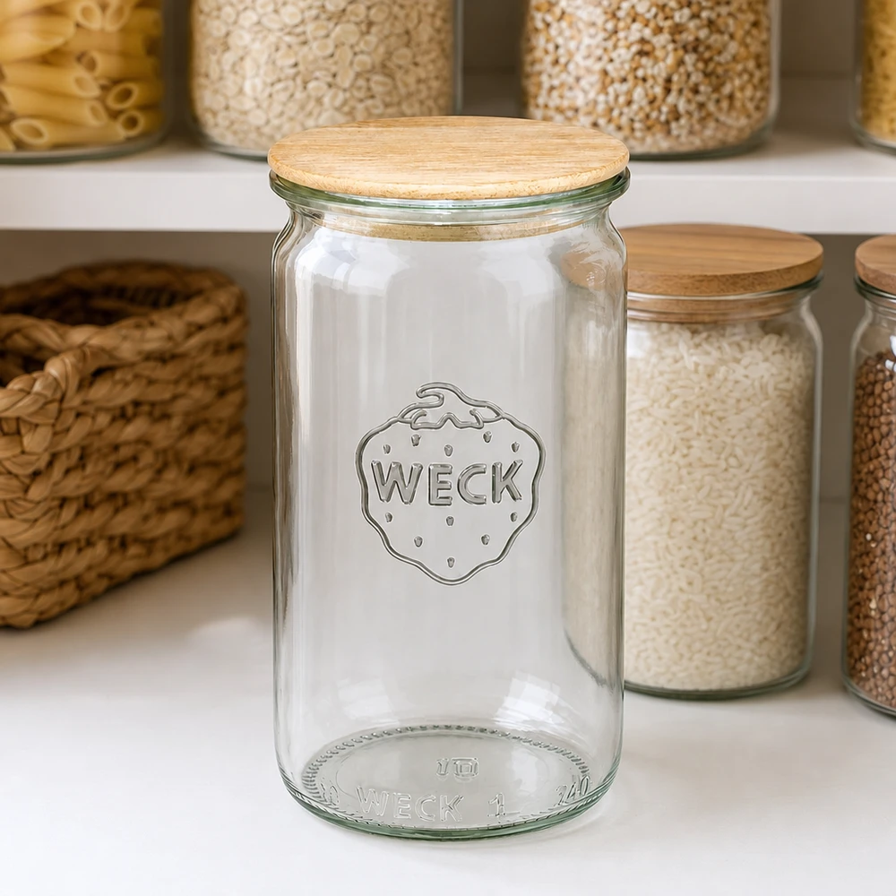340 ml cylinderglas WECK RR60 med trælåg WECK cylinderkrukke 340 ml RR60 tom med trælåg i organiseret opbevaringskøkken mellem fyldte opbevaringskrukker