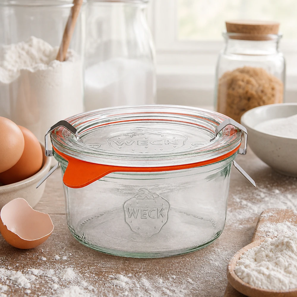 WECK 165 ml RR80 køkkenkrukke med bageingredienser, æg, mel og mælk til hjemmelavede opskrifter