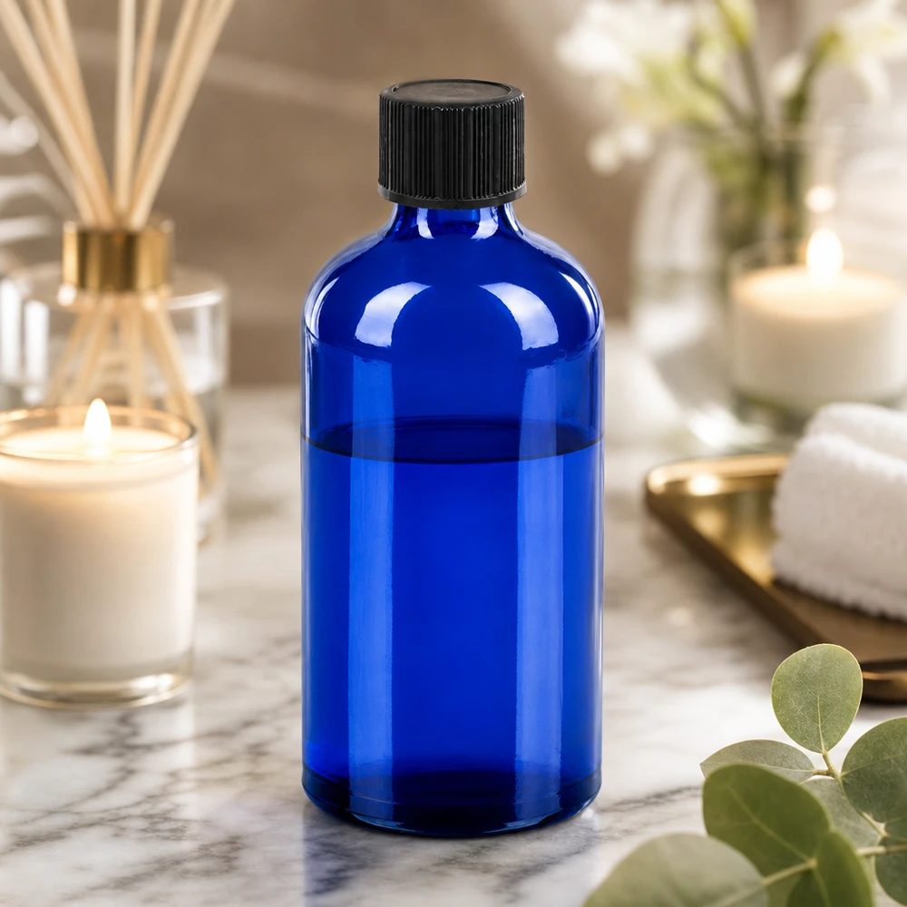100 ml dråbeflaske 1 mm sort STD BlueLine UT18/100 Koboltblå dråbeflaske 100 ml med sort hætte, ideel til gør-det-selv-kosmetik og naturprodukter