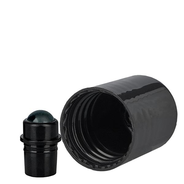 Roll-on-hætte sort (DIN18, UT18) med glaskugle, standardhætte. Med skruelåg. Til ApoGlas®, UNiTWIST® & Miron® Apofl. 5-100 ml med 18 mm gevind.