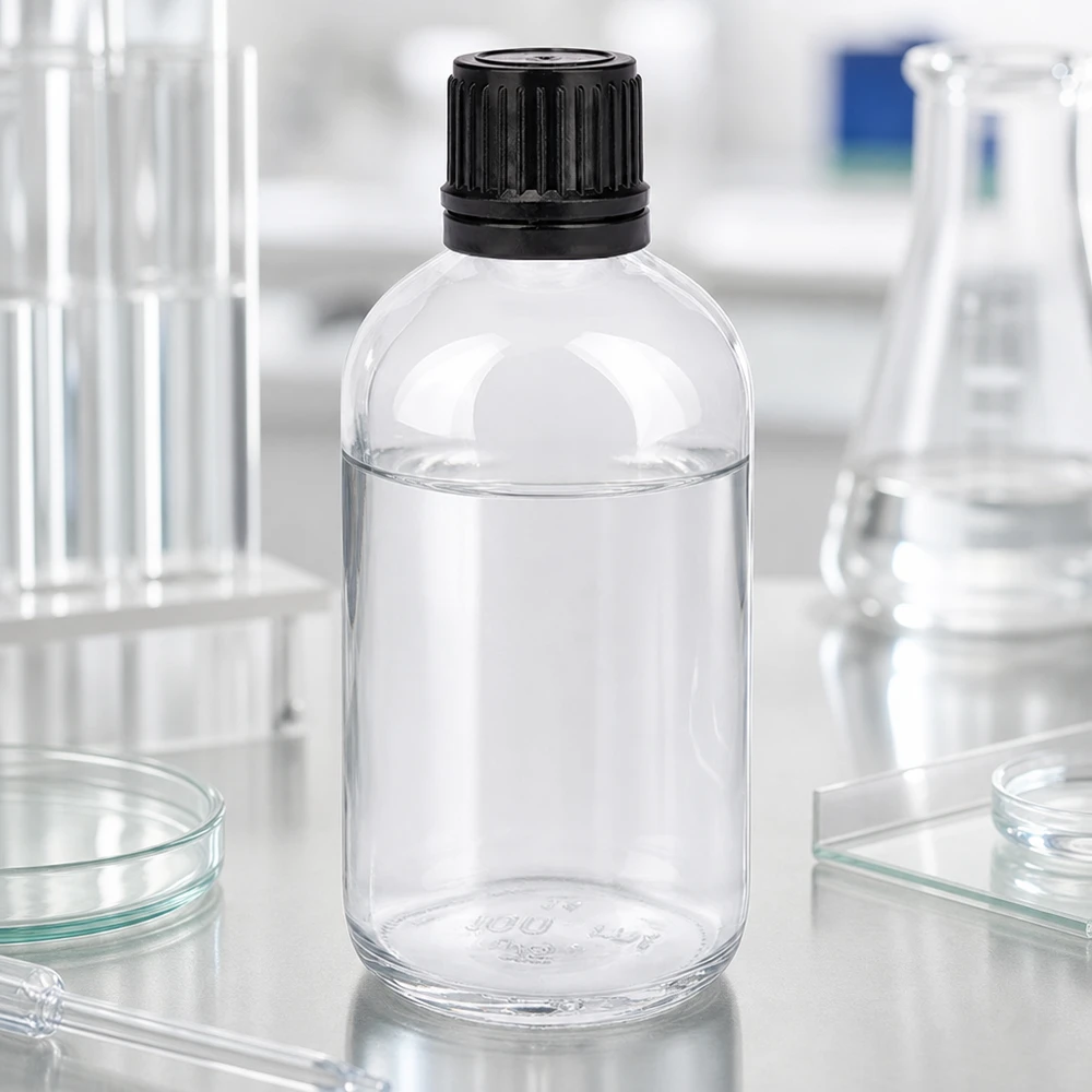 100 ml (kugle)Flas. 3mm GR s. STD ClearL. UT18/100 Laboratoriefoto af en 100 ml klar glasflaske med sort skruelåg omgivet af laboratorieudstyr