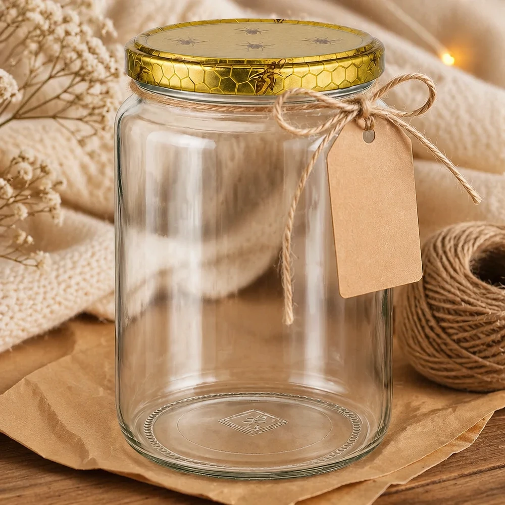 1000 g honningglas med låg med honningkagemønster BasicSeal UNiTWIST Dekorativ präsentiertes 1000g Honigglas mit Bienenwaben-Deckel Bastschnur und Etikett auf Holztisch Geschenkidee